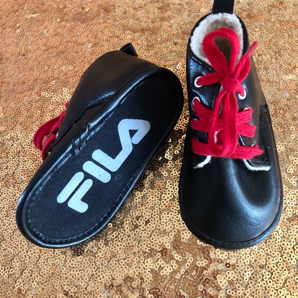 Fila-Black w/sherpa infant boots w/red laces 9-12 months old. Booties shoes